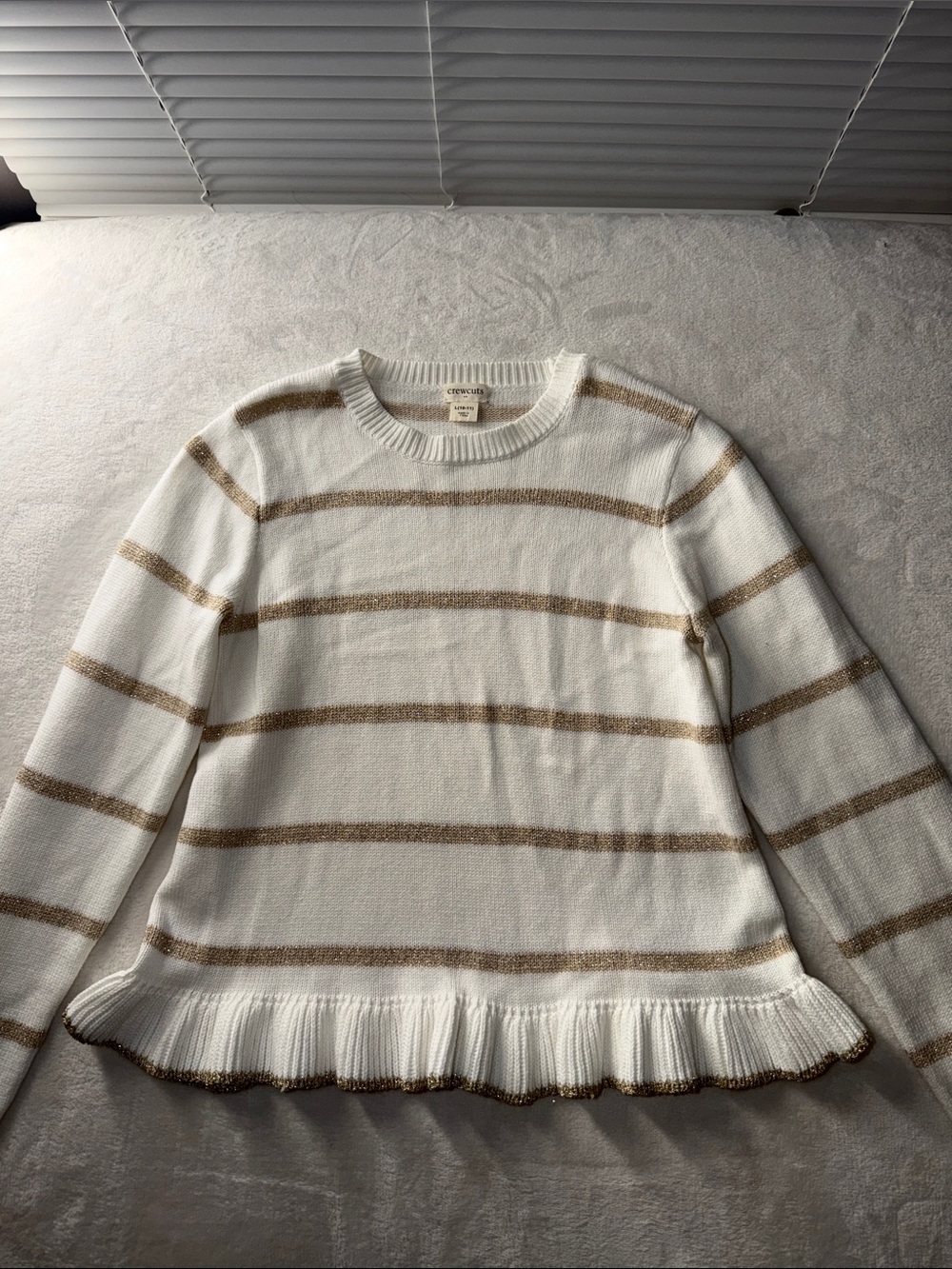 Crewcuts White Sweater with Metallic Gold Stripes and Ruffle Hem